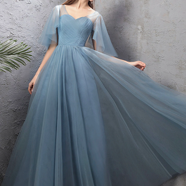 Lovely Light Blue Tulle Long A-line Party Dress Formal Dress, Blue Evening Gown Bridesmaid Dresses