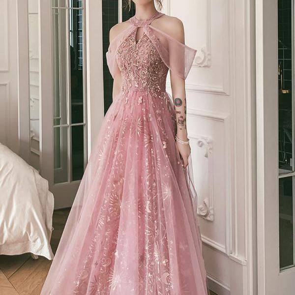 Lovely High Neckline Tulle A-Line Long Formal Dresses, Pink High Neckline Party Dresses Prom Dresses