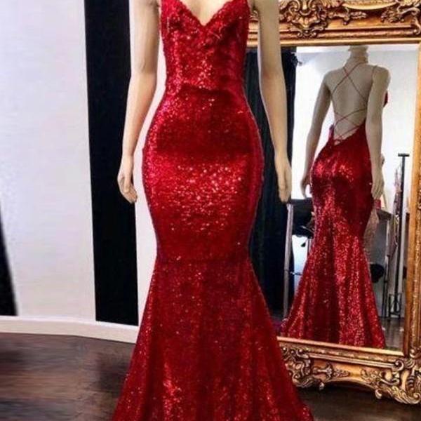 Red Sequins Mermaid Cross Back Long Party Dress, Red Long Prom Dress