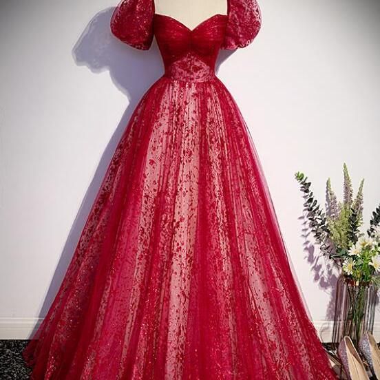 Stylish Red Floor Length A-line Prom Dress, Red Tulle Party Dresses