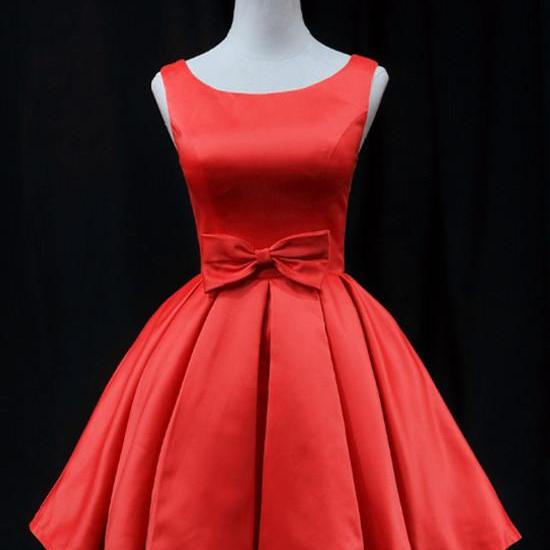 Beautiful Red Satin Short Knee Length Party Dress Prom Dress, Red Homecoming Dresses