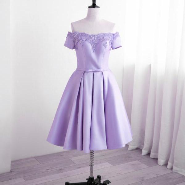 Purple Satin with Lace Short Homecoming Dress, A-line Short Prom Dress