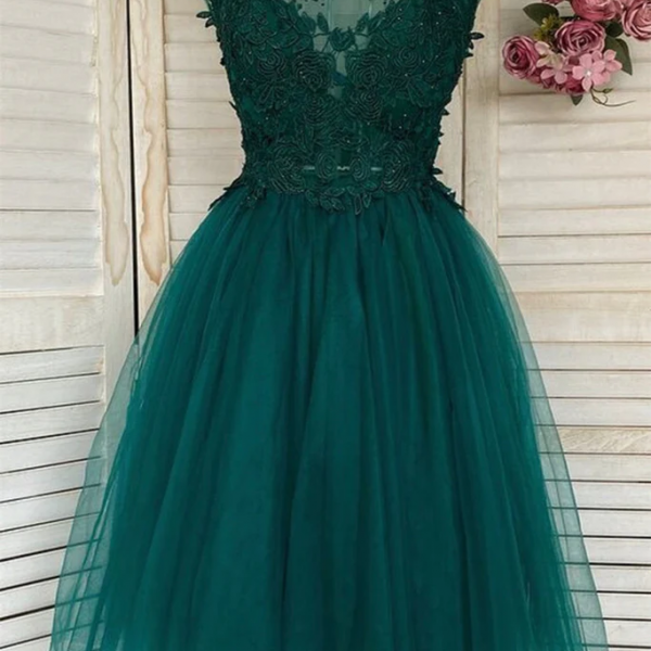 Dark Green Tulle with Lace Short Prom Dress Homecoming Dresses, Green Party Dresses