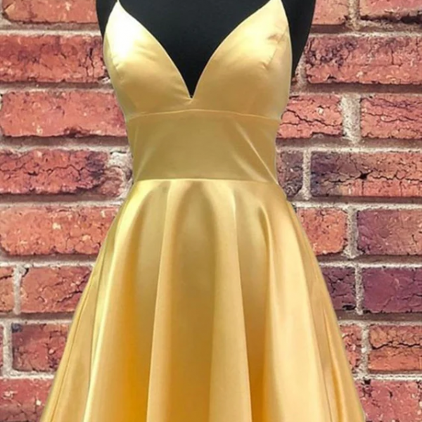 Cute Short Yellow Satin Straps Homecoming Dress, Simple Prom Dress