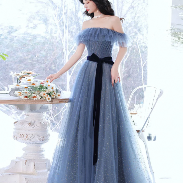 Blue Simple Tulle Prom Dress with Black Belt, A-line Tulle Party Dresses 