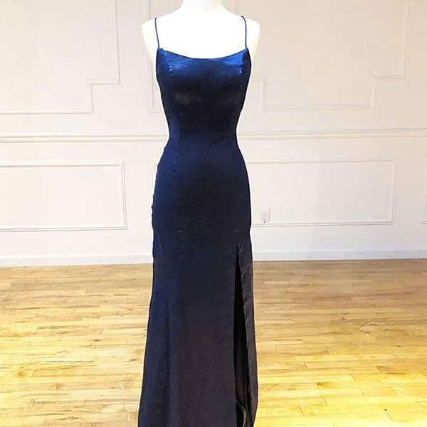 Navy Blue Straps Long Prom Party Dress, Cross Back Long Prom Dress With ...