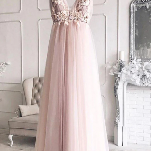 Cute Pink  Strapless Tulle Long Evening Dress with Flowers, Pink Tulle Evening Prom Dress