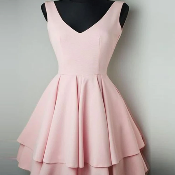 V Neck Pink Homecoming Dresses Short Prom Dresses Online, Cute Pink Graduation Dresses, Formal Dresses