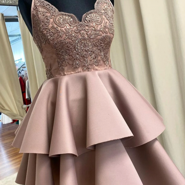 Cute Satin Layers Short Prom Dress Homecoming Dress, V-neckline Prom Dress