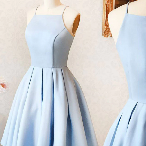Blue Satin Short Halter Homecoming Dress, Blue Short Prom Dress