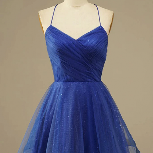 Navy Blue Tulle Straps Short Prom Dress Homecoming Dress, Blue Evening Dresses