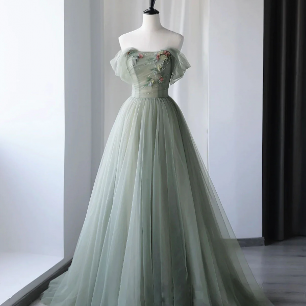 Green Sweetheart Straps Tulle Long Party Dress