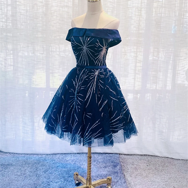 Blue Tulle Off Shoulder Knee Length Party Dress, Blue Homecoming Dresses