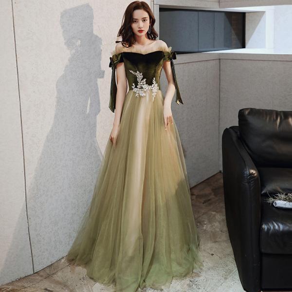 Off Shoulder Velvet and Tulle Long Evening Dress with Lace, Long Prom Dresses