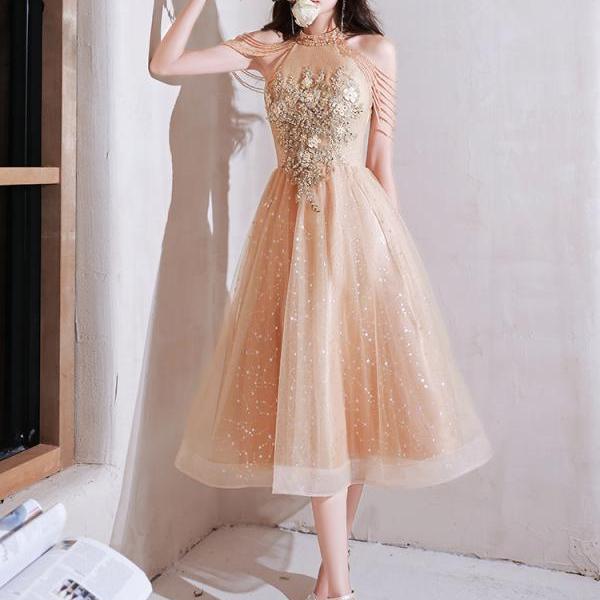 Cute Champagne Halter Tea Length Shiny Tulle with Lace, A-line Short Prom Dress