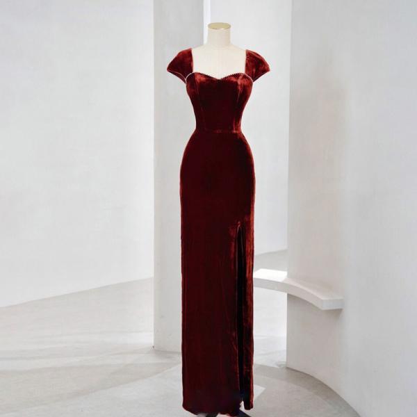 Burgundy Velvet Long Party Dress with Beaded, A-line Long Evening Prom Dress