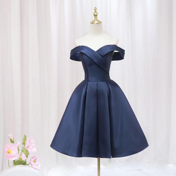 Blue Satin Off Shoulder Knee Length Party Dress, Blue Homecoming Dress