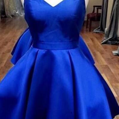 Royal Blue Satin Plunge V Spaghetti Straps Short Homecoming Dress, Formal Dress
