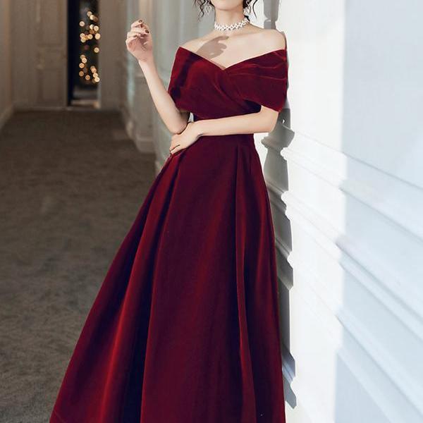 Burgundy A-line Floor Length Velvet Party Dress, Long Junior Prom Dress