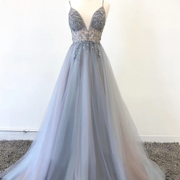 Beautiful A-line Tulle Sparkle Long Prom Dress, Beaded Tulle Formal Dress