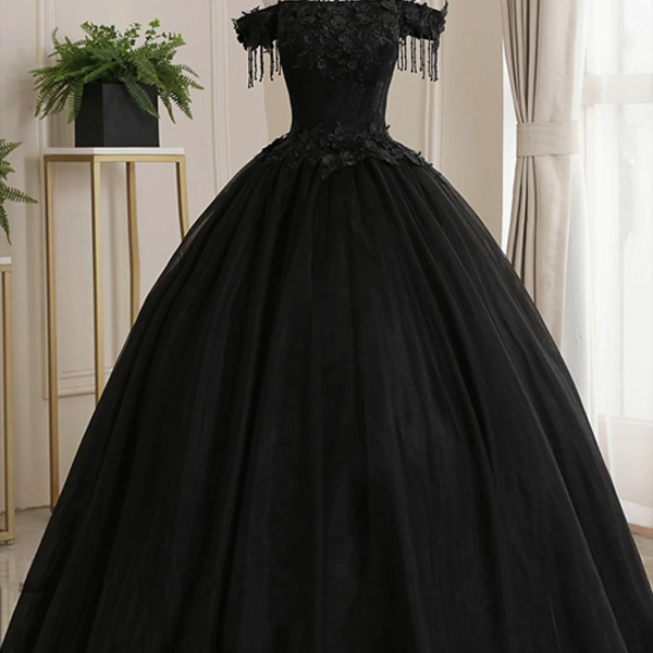 Black Off Shoulder Tulle Ball Gown Sweet 16 Dresses, Black Long Formal Dress