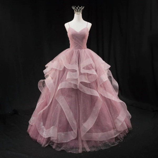 Pink Ball Gown Tulle Long Formal Dress, Sweetheart Pink Tulle Prom Dress