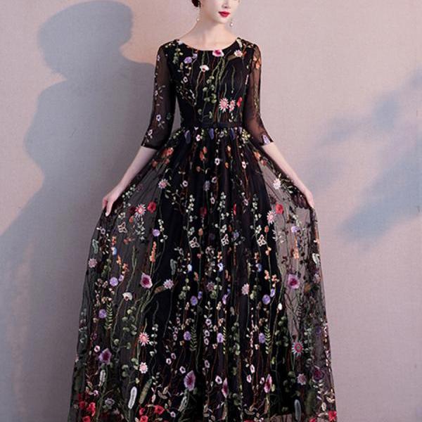 Black Long A-line Pretty Floral Party Dress, Black Formal Dress