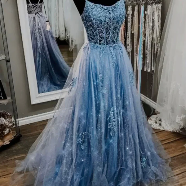 A-line Spaghetti Straps Blue Lace Prom Dresses, Blue Lace Long Formal Dress