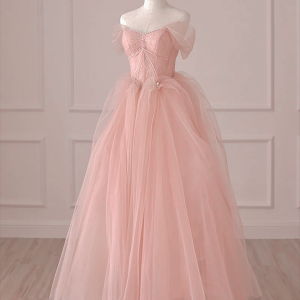 Pink Tulle Off Shoulder Lace and Beaded Prom Dress, Pink Formal Dress