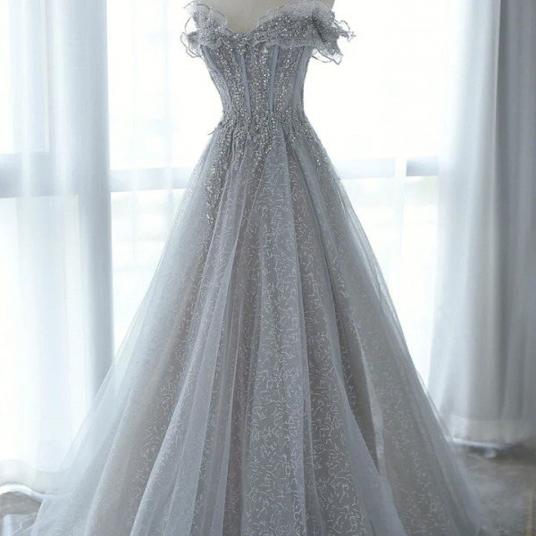 Light Sliver Grey Long Tulle Prom Dress, A-line Grey Party Dress