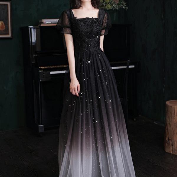 Lovely Black A-line Gradient Tulle with Lace Party Dress, Black A-line Prom Dress
