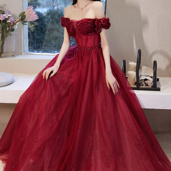 Wine Red Tulle Prom Dress, A-line Long Formal Dress 
