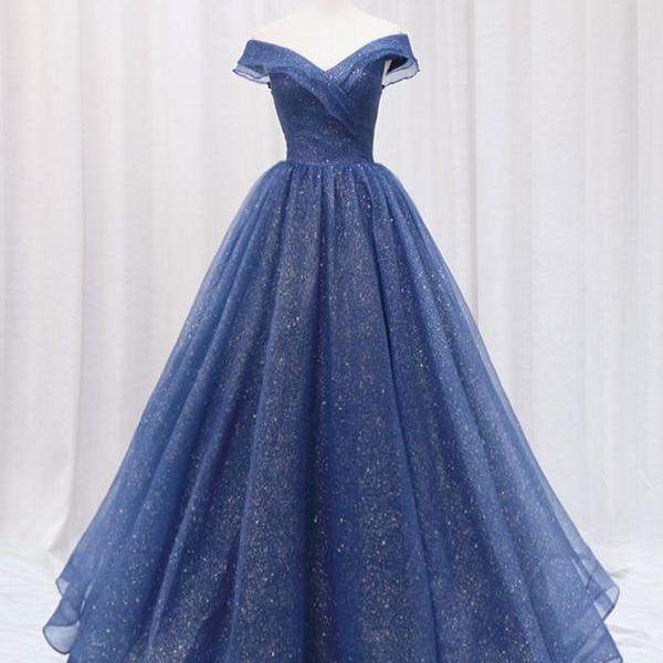 Blue Off Shoulder Long Formal Dress, A-line Blue Party Dress