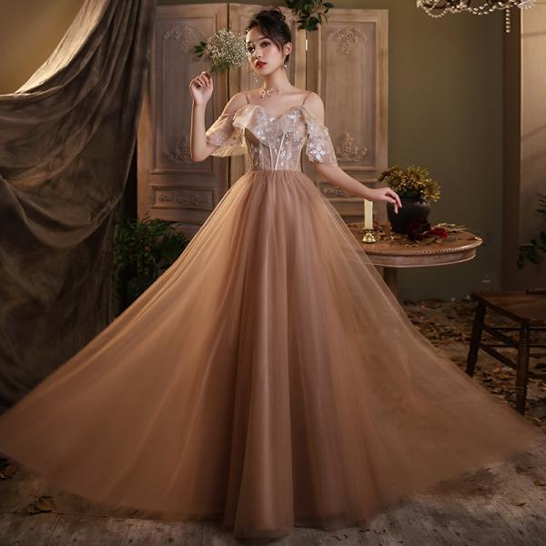 Champagne Sweetheart Tulle with Lace Long Party Dress, Off Shoulder Formal Dress Prom Dress
