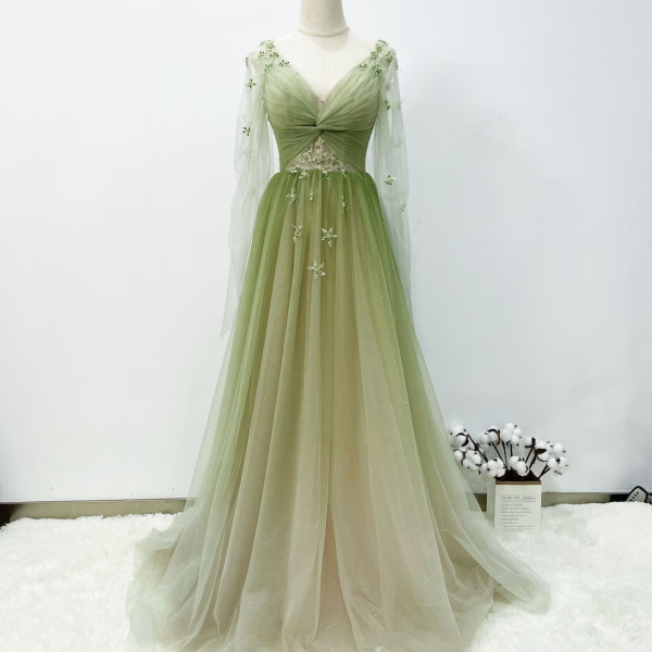 Gradient Green Prom Gown Soft Tulle Evening Dress, Green Long Prom Dress