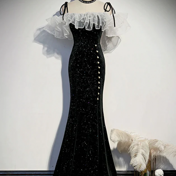 Black Off Shoulder Mermaid Long Party Dress, A-line Black Formal Dress