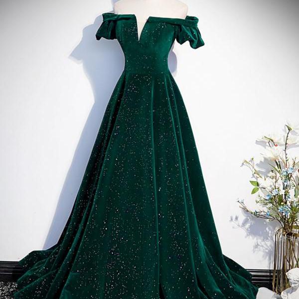 Dark Green Velvet Off Shoulder Long Party Dress, A-line Green Formal Dress