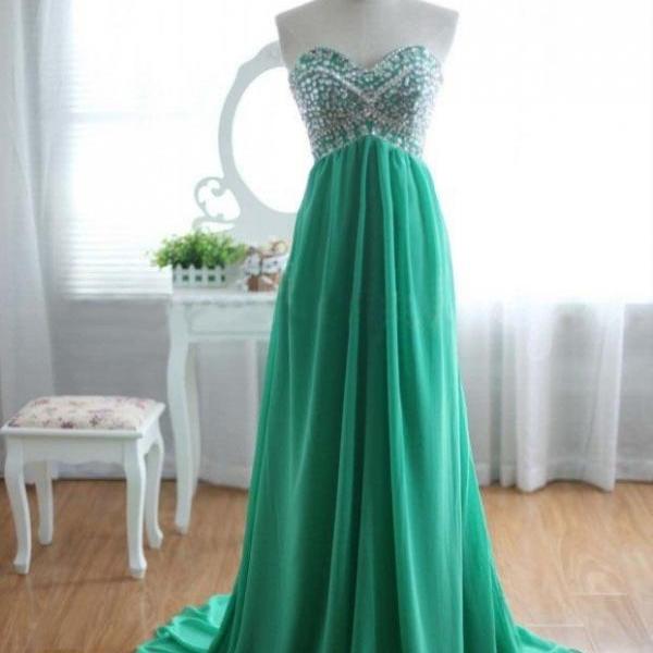 High Quality Chiffon Sweetheart Green Long Prom Dresses with Beadings, Green Prom Dresses, Long Prom Dress, Formal Dress