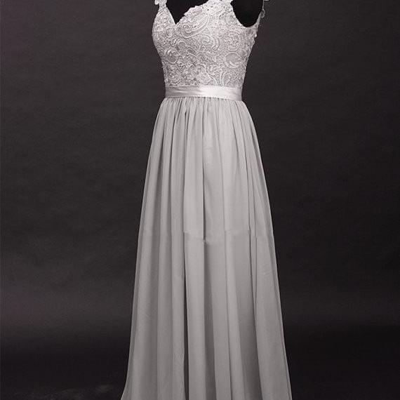 Elegant Grey Chiffon Floor Length Prom Dresses With Applique, Grey ...
