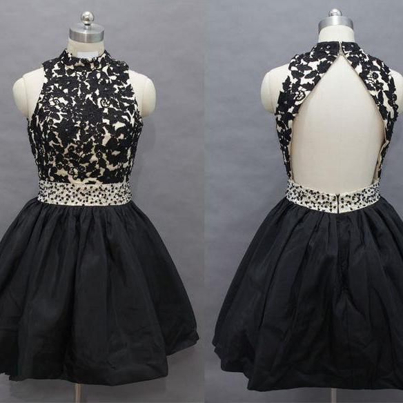 Black Lace Applique Knee Length Homecoming Dresses With Beadings, Homecoming Dresses, Graduation Dresses 2025 Black Lace Applique Knee Length Homecoming Dresses With Beadings, Homecoming Dresses, Graduation Dresses 2025
