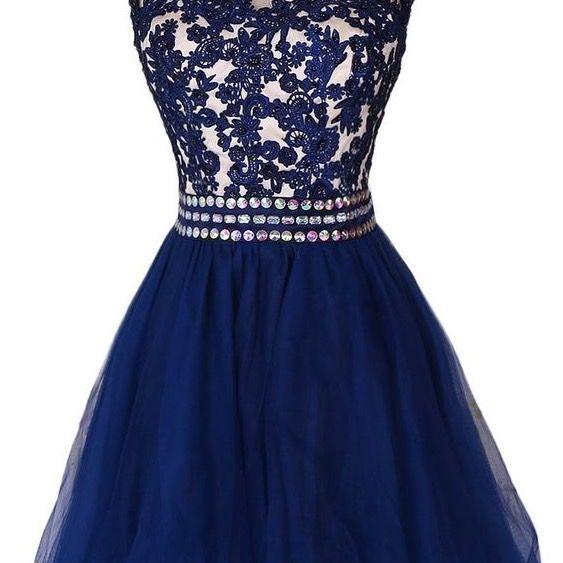 Lovely Navy Blue Short Lace Applique Prom Dresses 2016, Homecoming ...