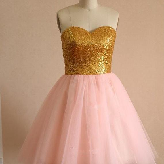 Cute Short Handmade Light Pink Tulle Sequins Homecoming Dresses, Short ...
