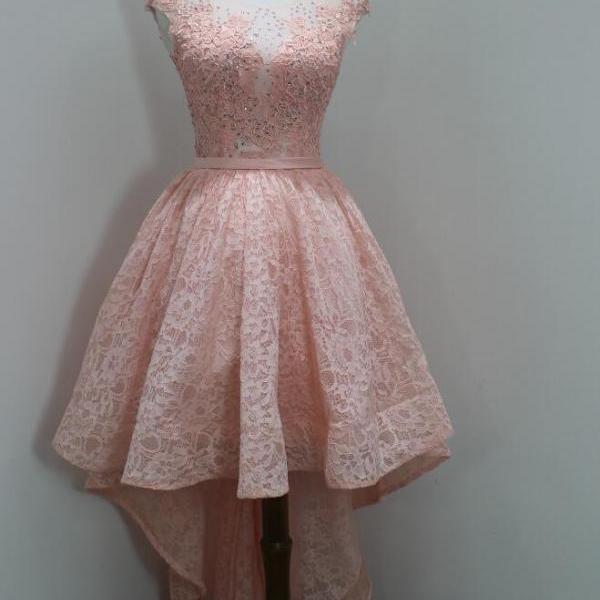 Lovely Lace Pink With Applique High Low Formal Dresses, Pink Party