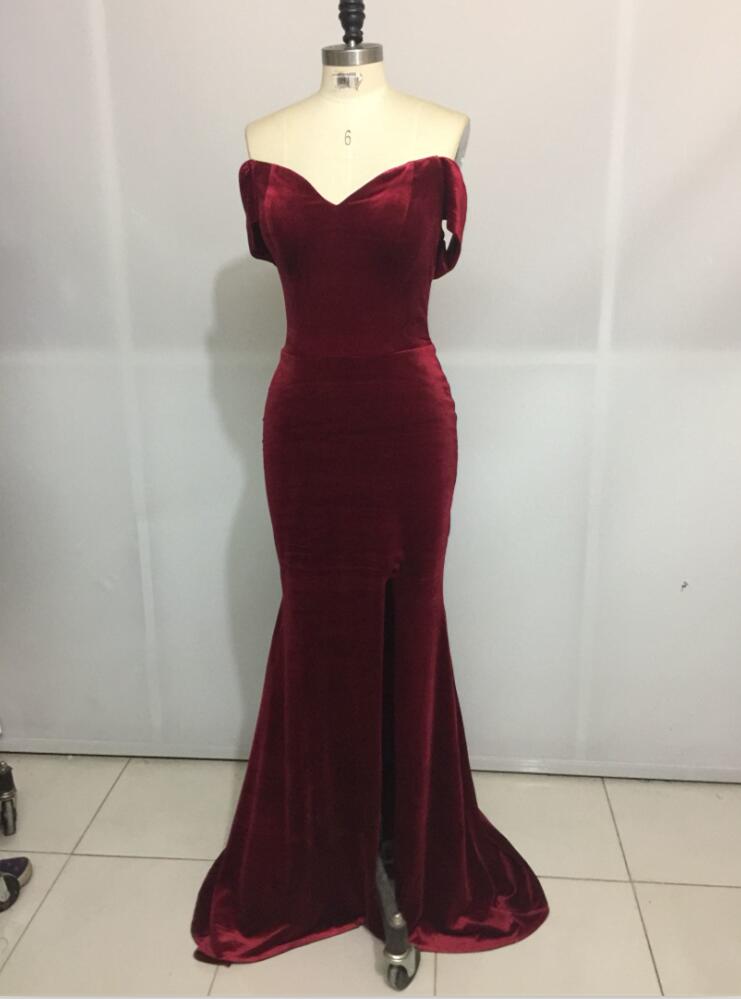 Sexy Burgundy Velvet Off Shoulder Slit Prom Dresses, Burgundy Formal
