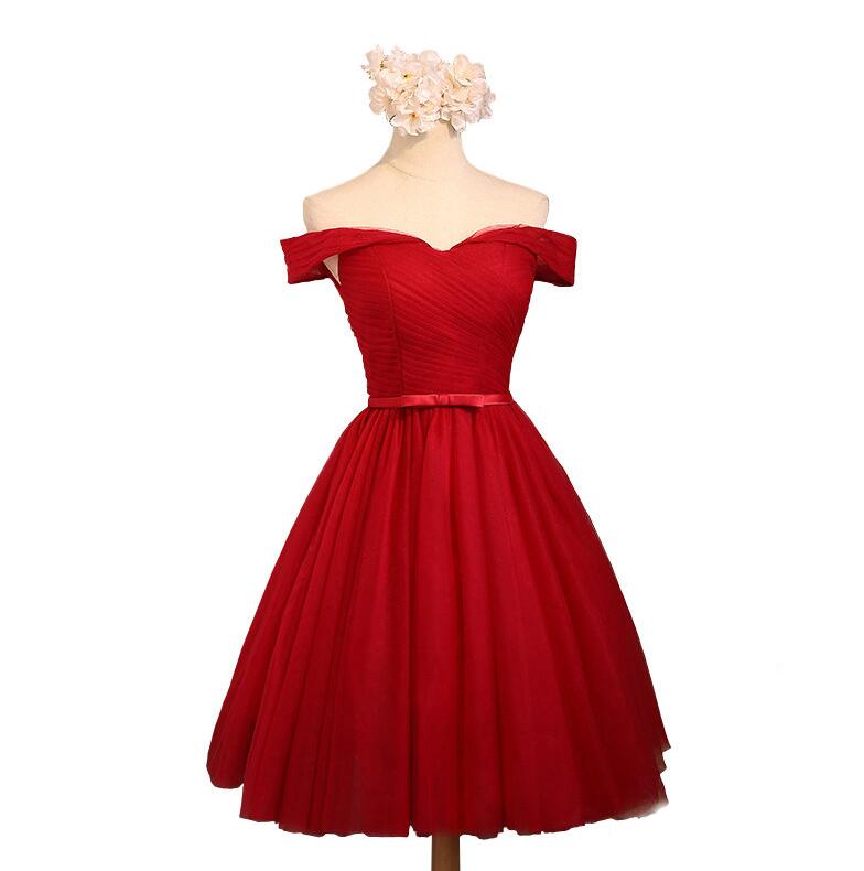 Red Tulle Off Shoulder Knee Length Formal Dresses, Red