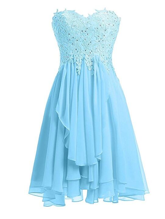 Light Blue Lace Applique And Chiffon Short Bridesmaid Dresses, Blue