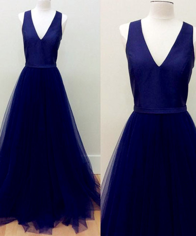 Simple Royal Blue V-neckline Tulle Floor Length Party Dresses, Prom ...
