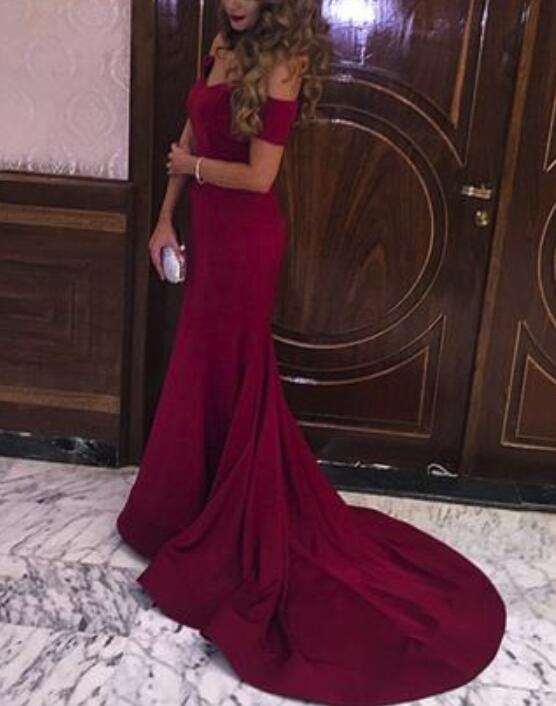 Dark Red Sweep Train Long Formal Dress, Dark Red Prom Dress, Wine Red
