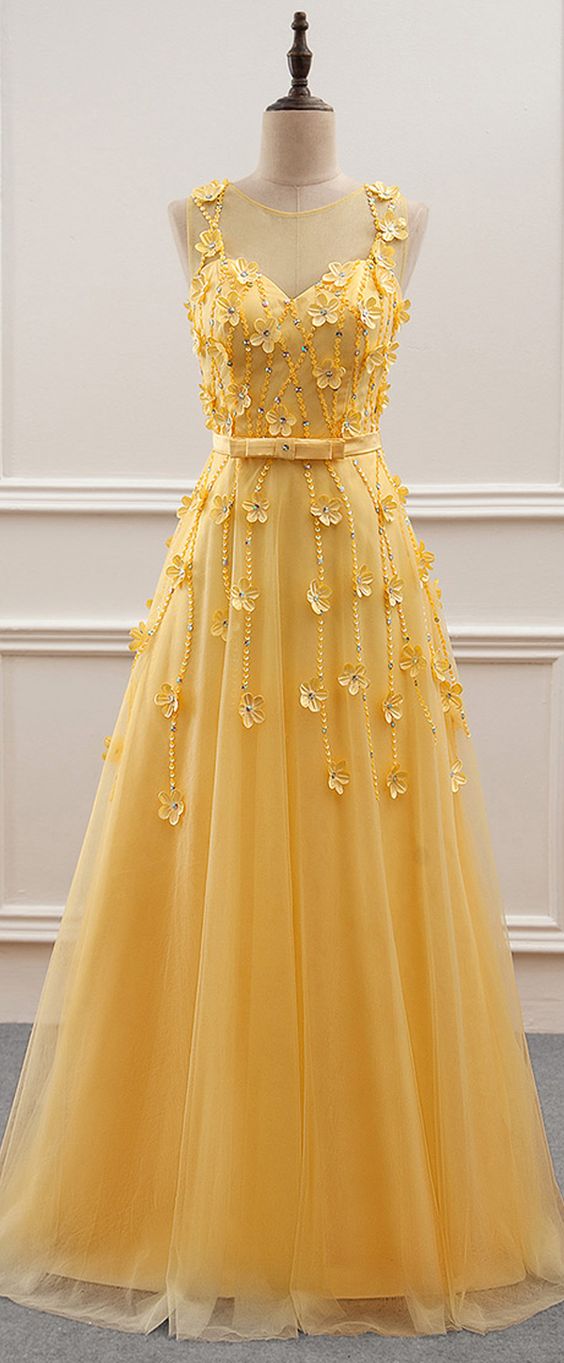 Yellow Floral Tulle Party Gowns, Yellow Junior Prom Dress, Lovely ...