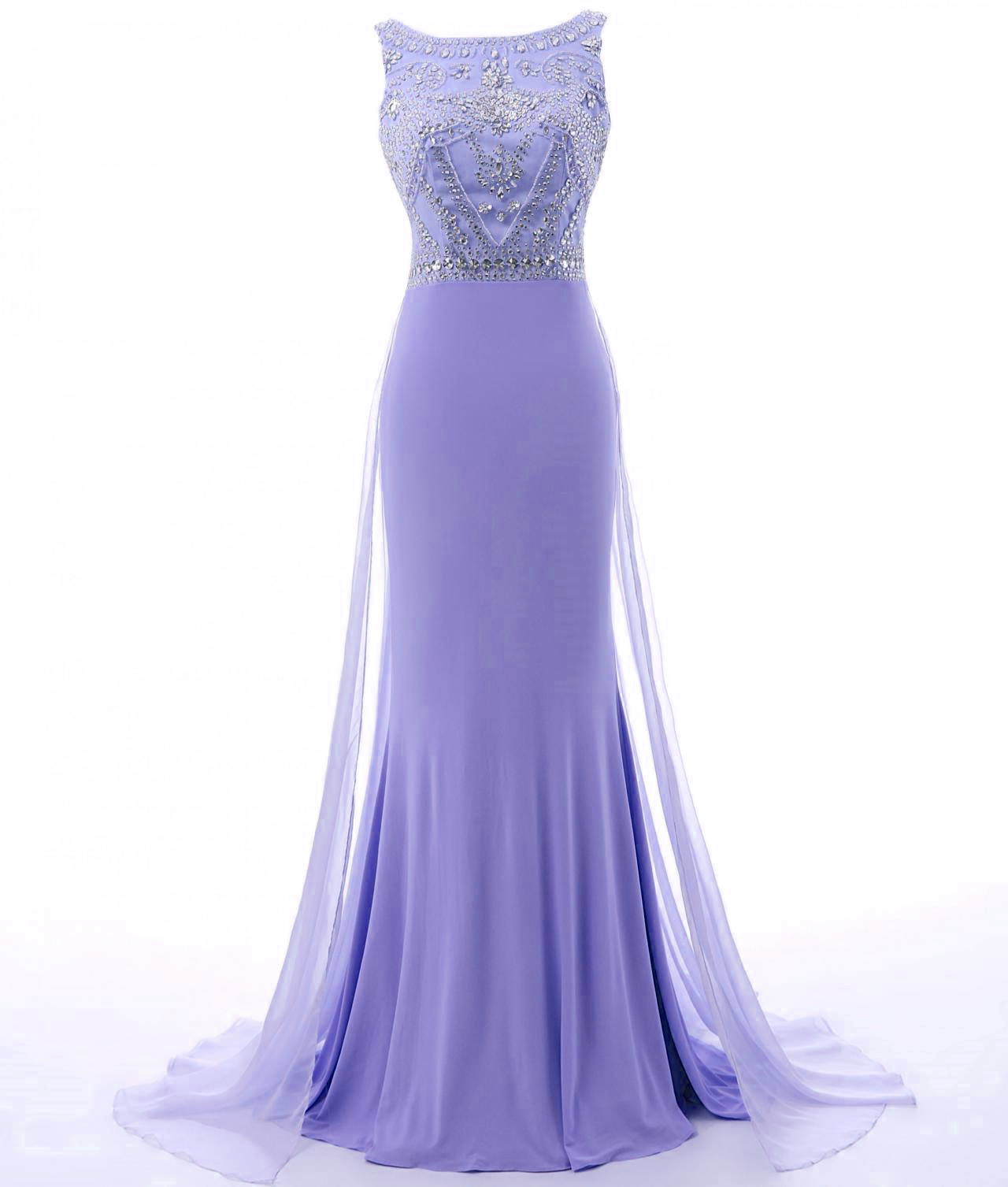 Lilac Mermaid Beaded Long Party Dress, Spandex Round Neckline Formal ...